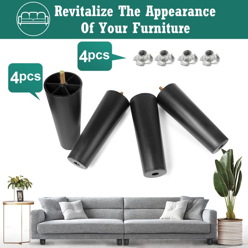 Masendelk 7 inch Plastic Furniture Legs, Round Tapered Table Legs Black Sofa Legs Replacement Legs with M8 Hanger Bolts for Couch Table Sofa, Pack of 4 - Image 4